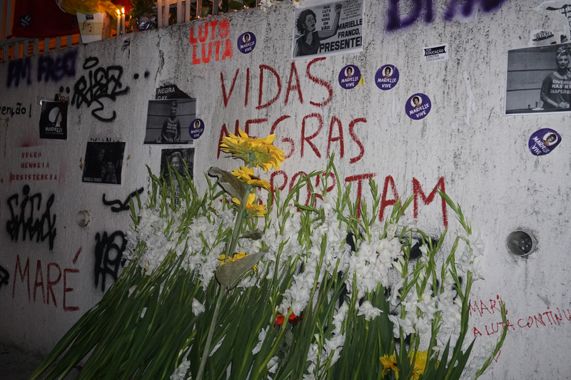 The memorial site of Marielle Franco’s murder reads, “Black Lives Matter.”